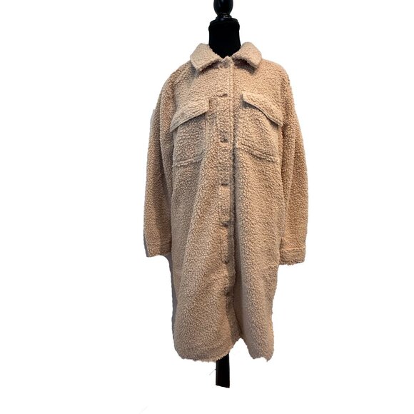 NWT Jessica Simpson Romi Tan Sherpa Shirt Jacket Size L Button Front Pockets - Picture 2 of 7